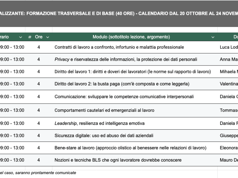 Calendario Ottobre-Novembre 2026